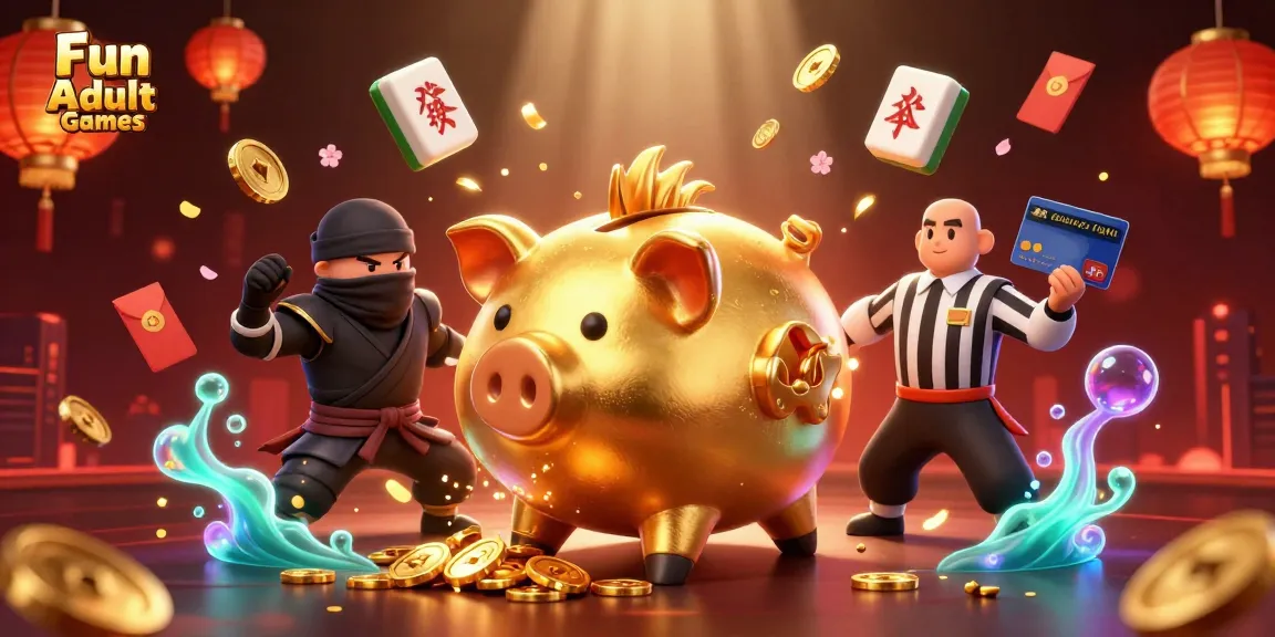 Engage in Fun Adult Games as a golden piggy bank sumo wrestler celebrates among vibrant casino elements.
