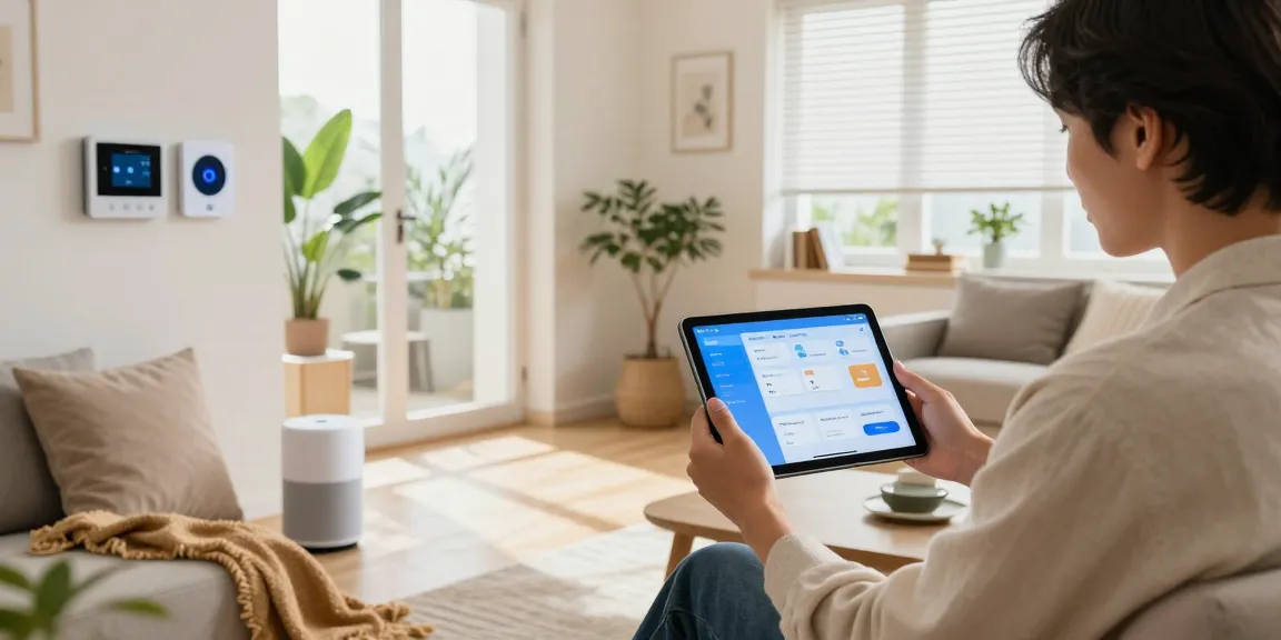 Smart Home Blog showcasing an enthusiast engaging with smart devices in a cozy, tech-savvy living room.