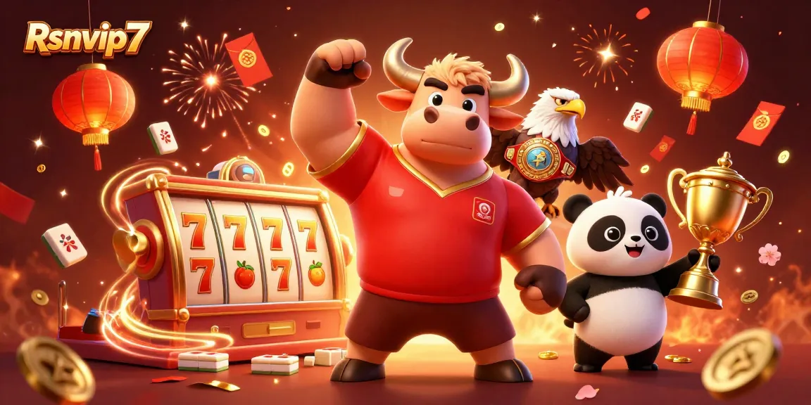 Rasakan permainan yang mendebarkan dengan Rsnvip7 yang menampilkan maskot banteng yang kemenangan dan elemen perayaan.