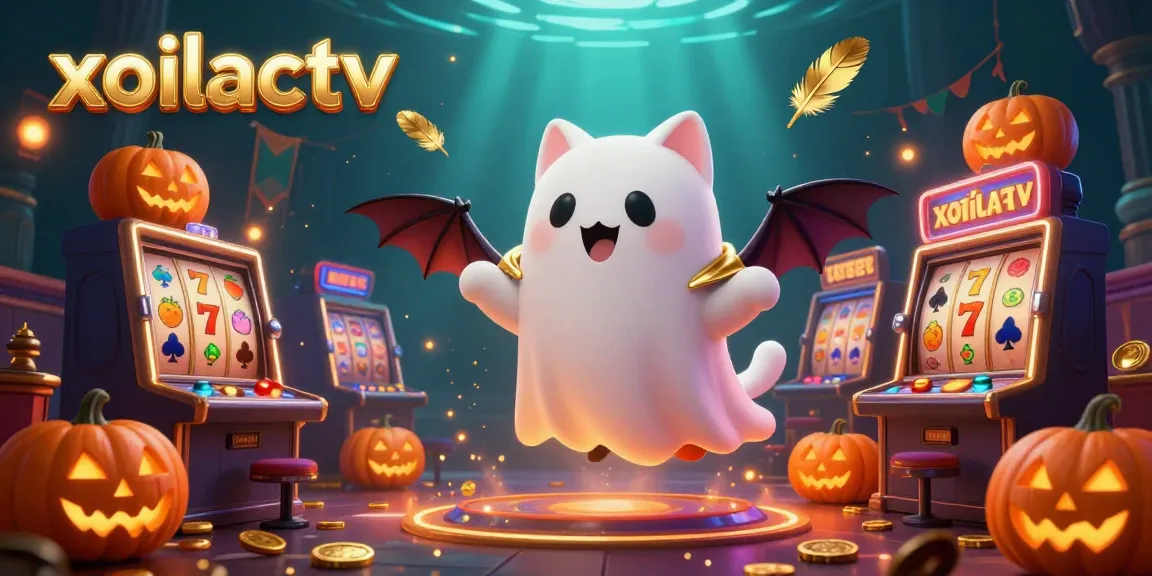 Xoilactv showcases a vibrant casino scene with a ghost cat, bat, and glowing pumpkins amid slot machines.