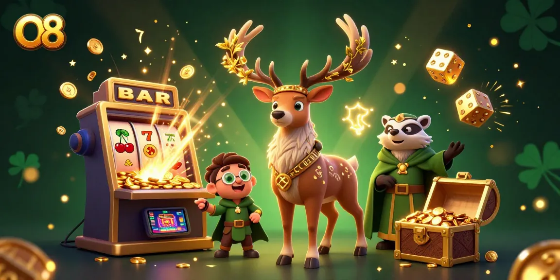 O8's engaging gaming scene features a druid stag, badger, and jackpot elements for casino fun.