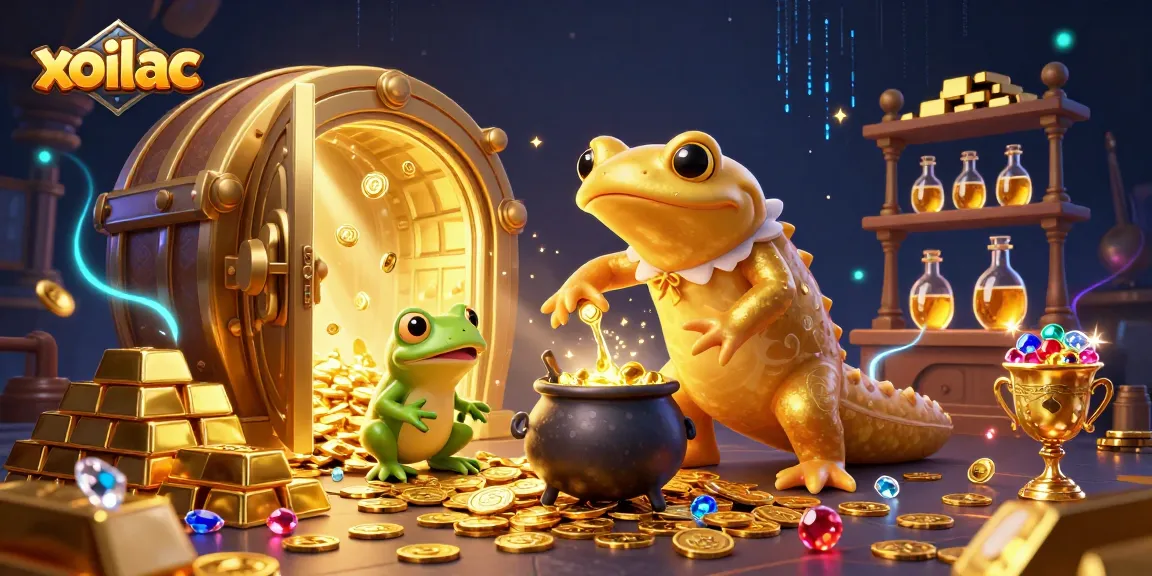 Experience the magic of xoilac with gold coins spilling from a treasure vault in this captivating digital illustration.