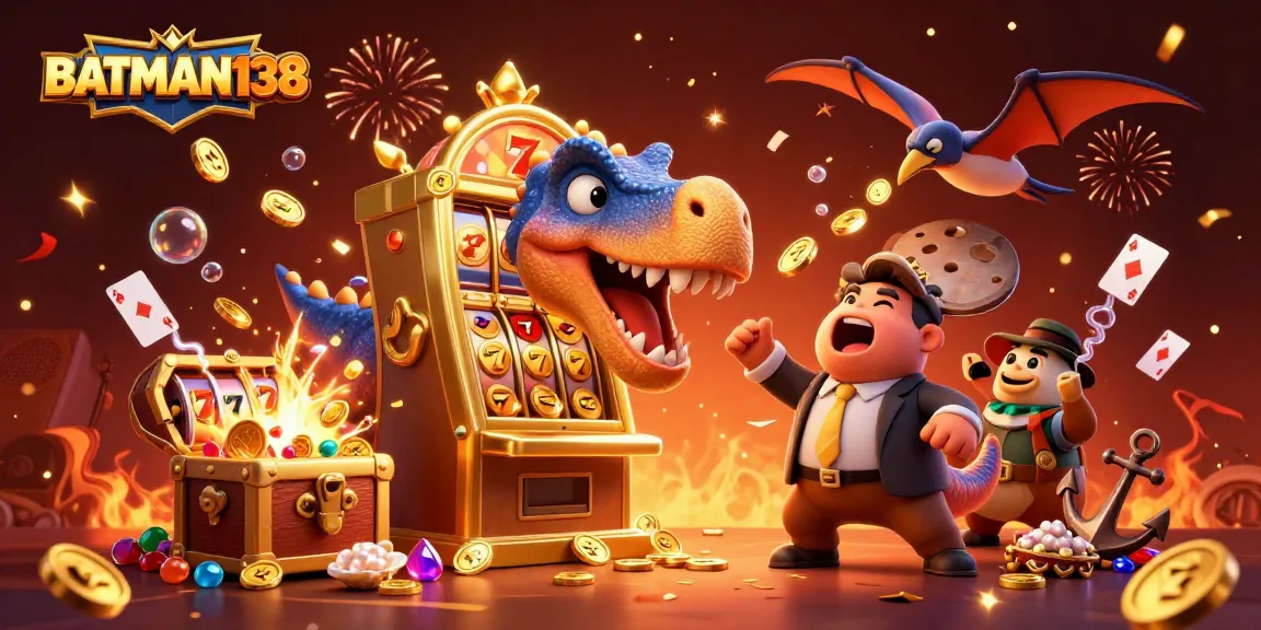 Permainan di BATMAN138, slot jackpot berkilau saat dinosaurus memicu kemenangan.