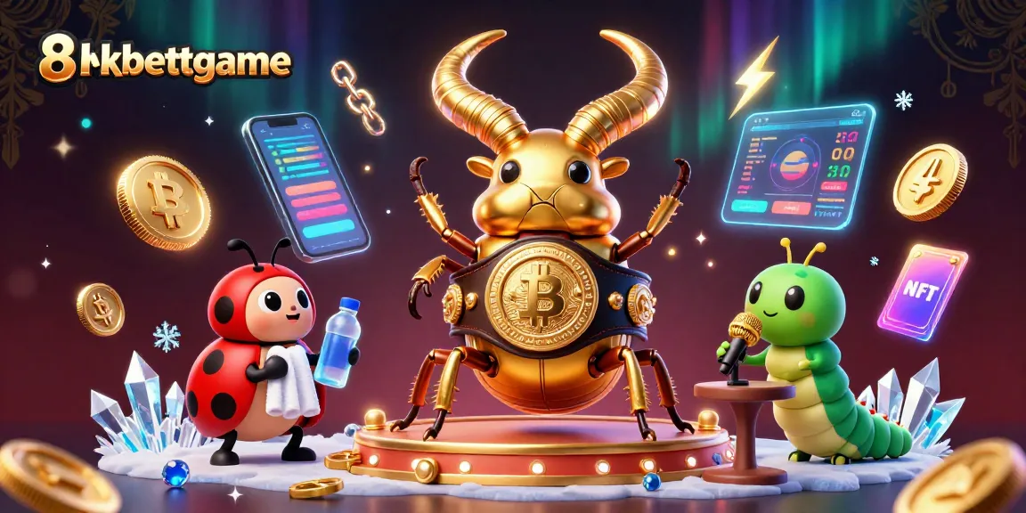 Bet and win with 8xbettgame featuring vibrant 3D beetle boxing scene and cryptocurrency elements.