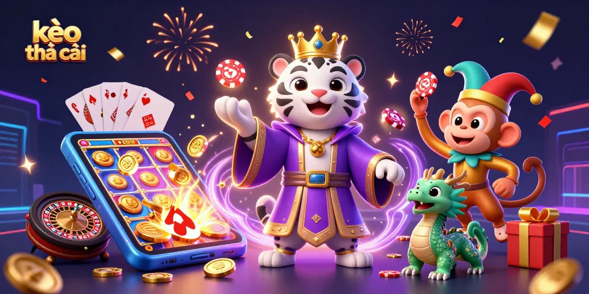 Engage with kèo nhà cái in an exciting scene featuring a royal tiger and playful monkey in a vibrant casino setting.