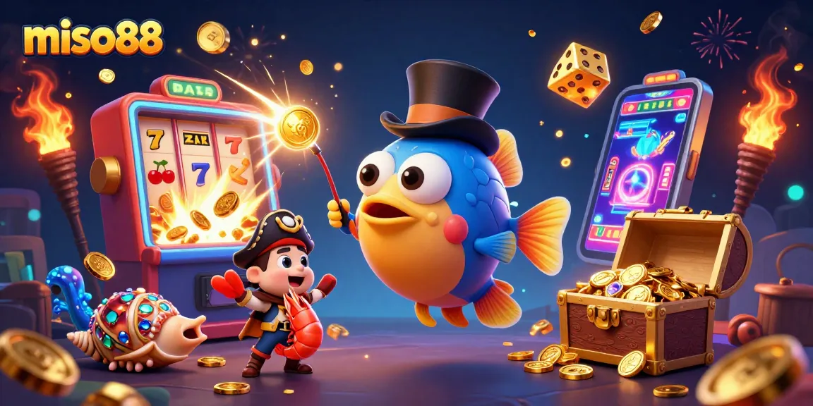 Miso88 showcases a captivating 3D illustration of a deep-sea anglerfish, pirate shrimp, and gemstone snail amidst a dynamic casino scene