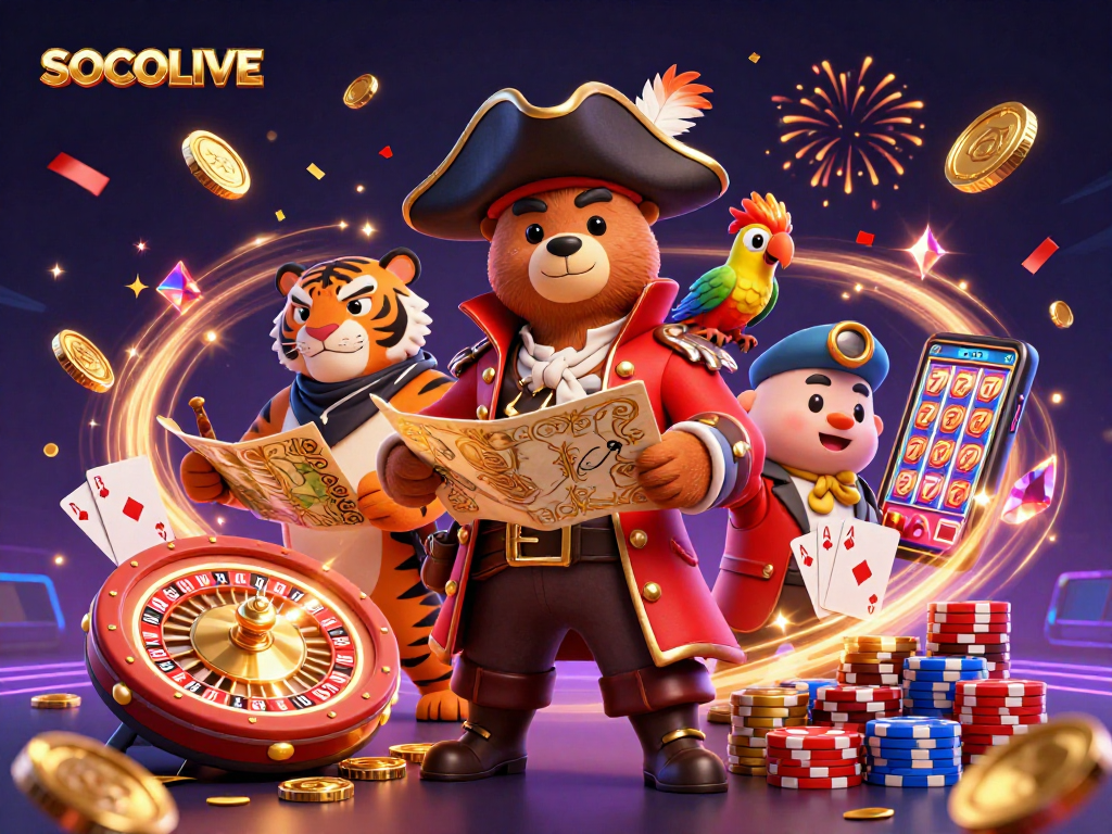 SOCOLIVE showcases a dynamic casino scene with pirate characters, colorful poker chips, and exciting game elements.