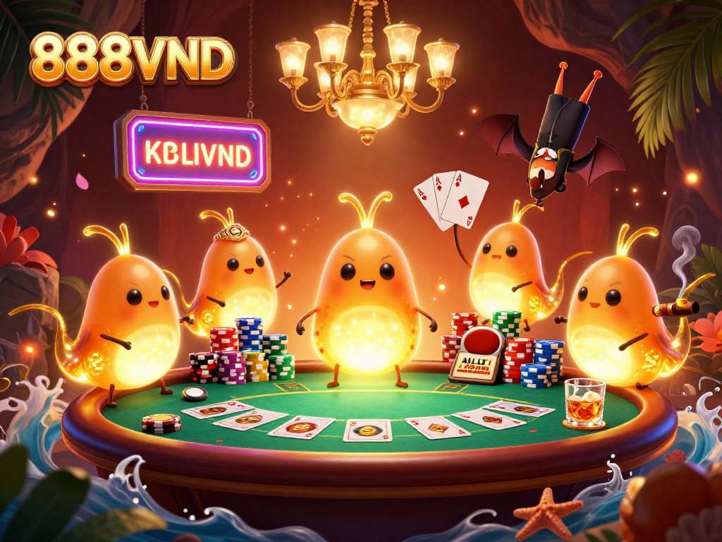 Engage in gaming excitement at 888VND with a vibrant casino scene featuring glowworms and a bat dealer.