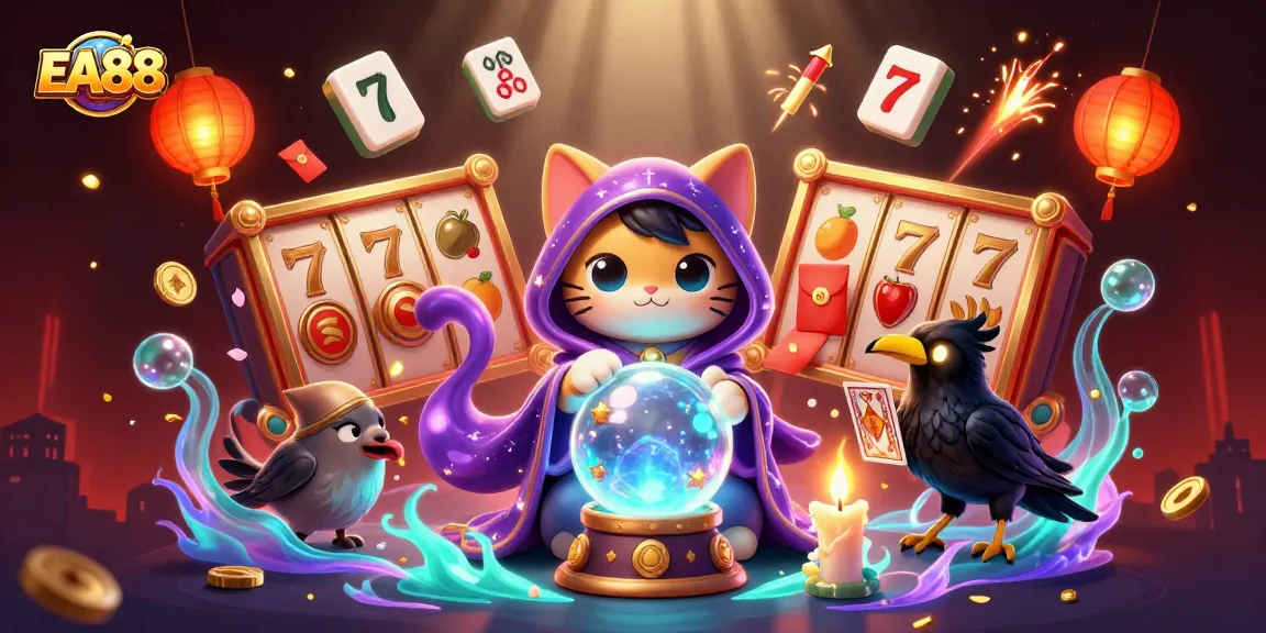 Experience the thrill of EA88 with vibrant casino characters and jackpot symbols in a dynamic 3D illustration.