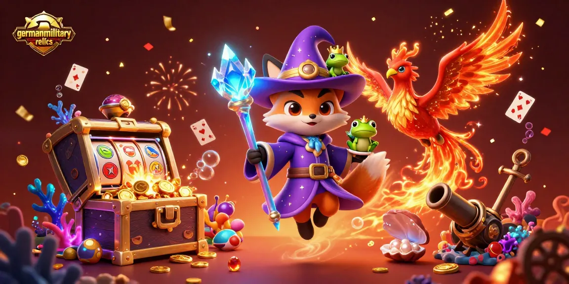 Engage with germanmilitaryrelics slot game treasures showcased by a cartoon wizard fox in action.