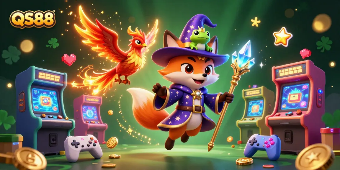 Experience thrilling gambling action at QS88 with a vibrant 3D casino illustration featuring a wizard fox and phoenix.