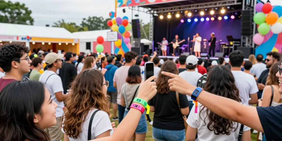 Festival attendees using pulseras con chip para festivales for access control and payments at a vibrant outdoor event.