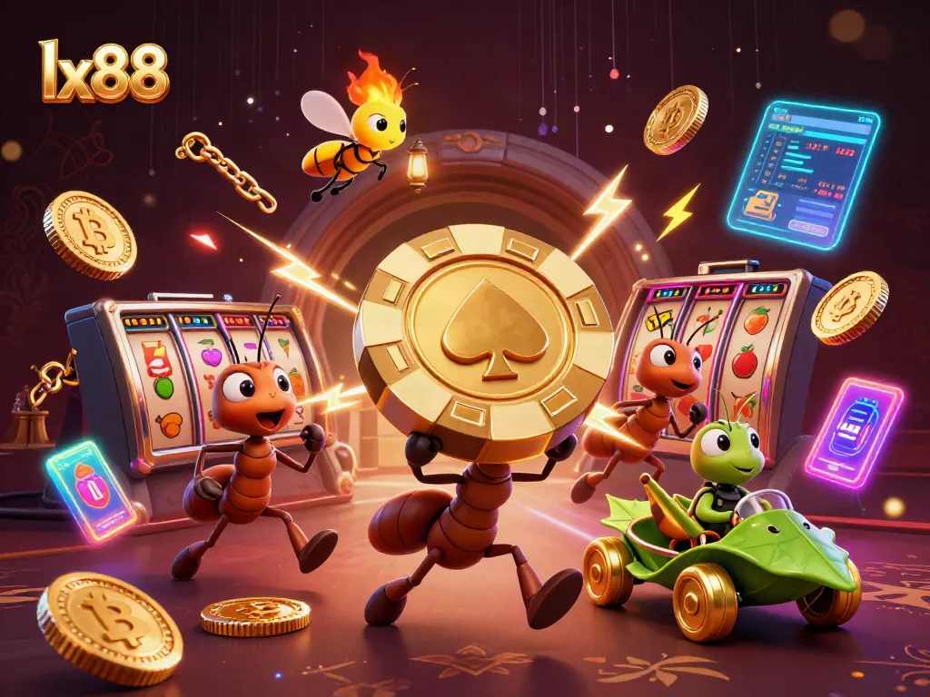 Experience the lx88 excitement with a team of animated ants and vibrant gambling elements.