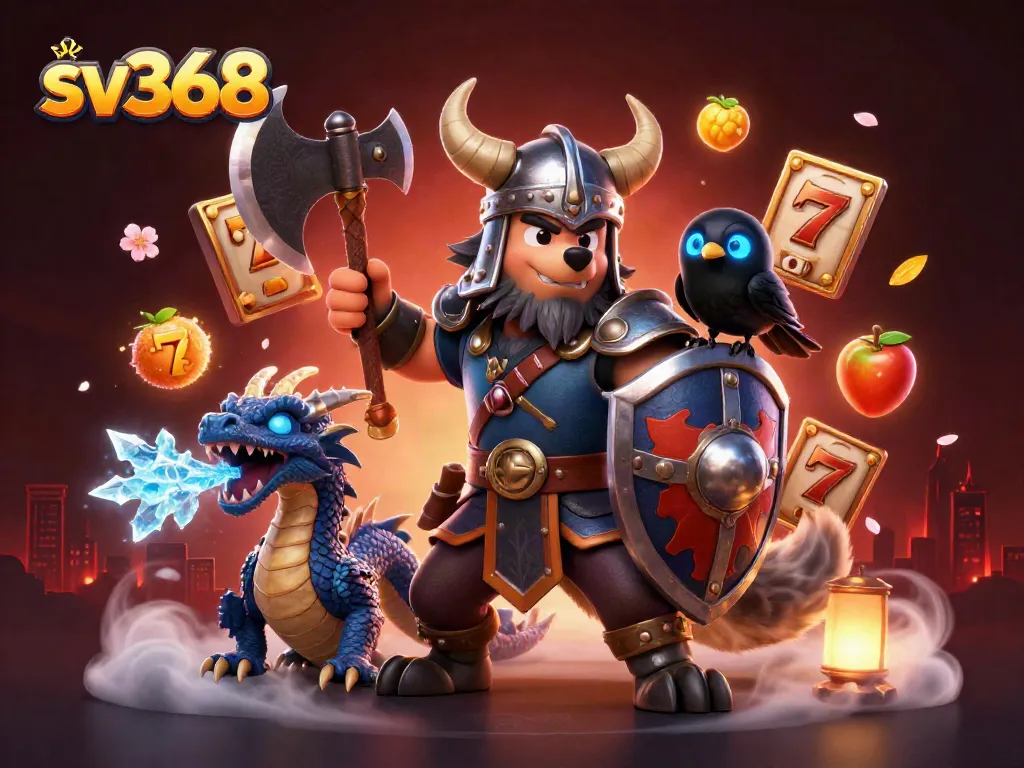Engage with sv368's thrilling slot games, featuring cartoon Viking warrior and dragon in a rich scene.