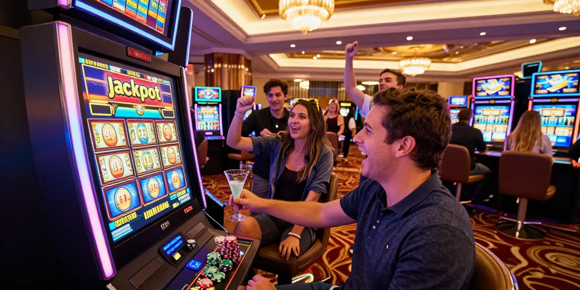 Excited player celebrating a slot gacor win in a lively casino scene.