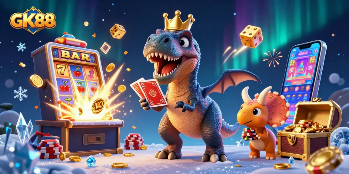 GK88 slot adventure with cartoon dinosaurs and jackpot explosion, vibrant casino elements.