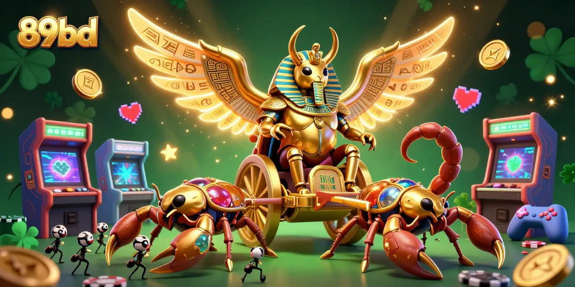 Engage in thrilling gaming with 89bd featuring a glorious scarab, scorpions, and colorful casino elements.