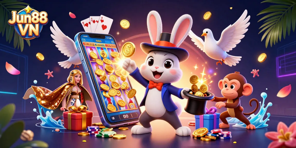 Experience thrilling wins at Jun88 VN: A vibrant 3D casino scene featuring magical characters and exciting game elements.