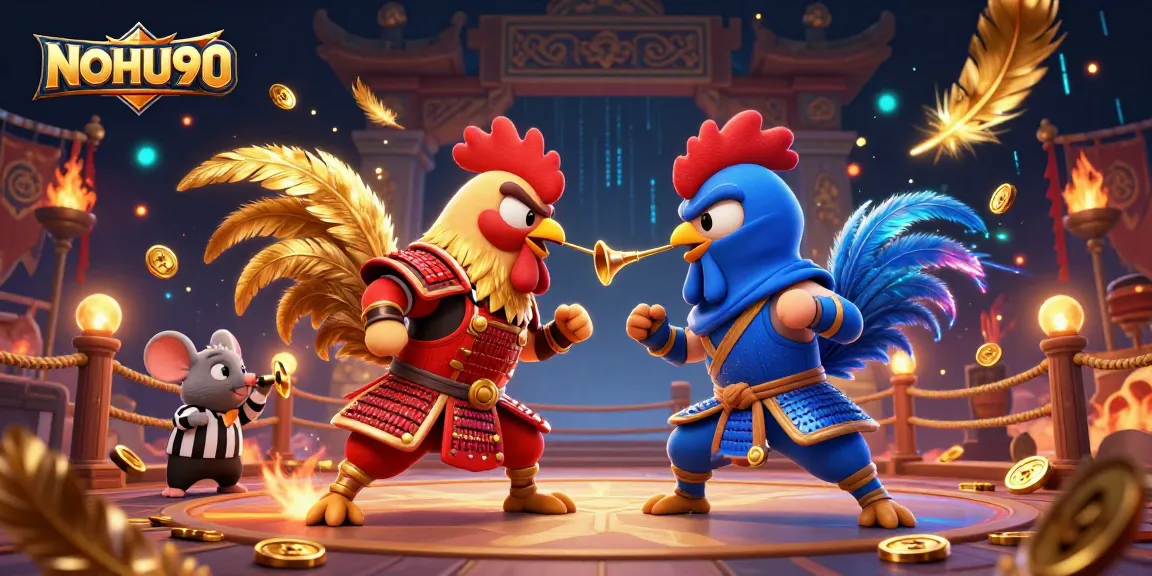 Engage in thrilling action at NOHU90 with dynamic cartoon roosters battle in a vibrant arena.