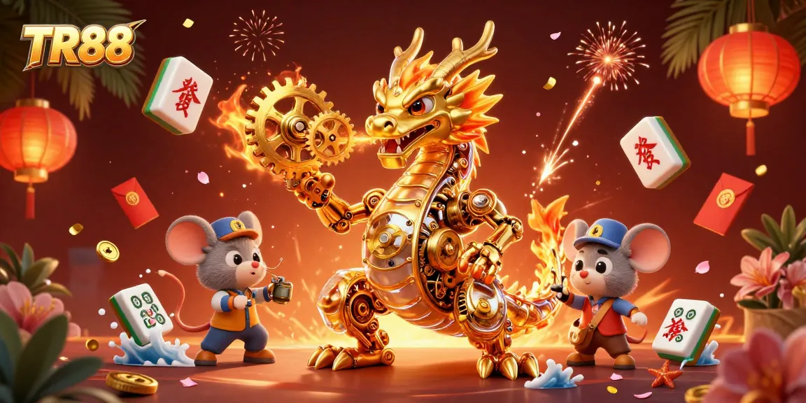 Experience the thrill of TR88 with the golden dragon breathing gears, as vibrant casino elements float around.