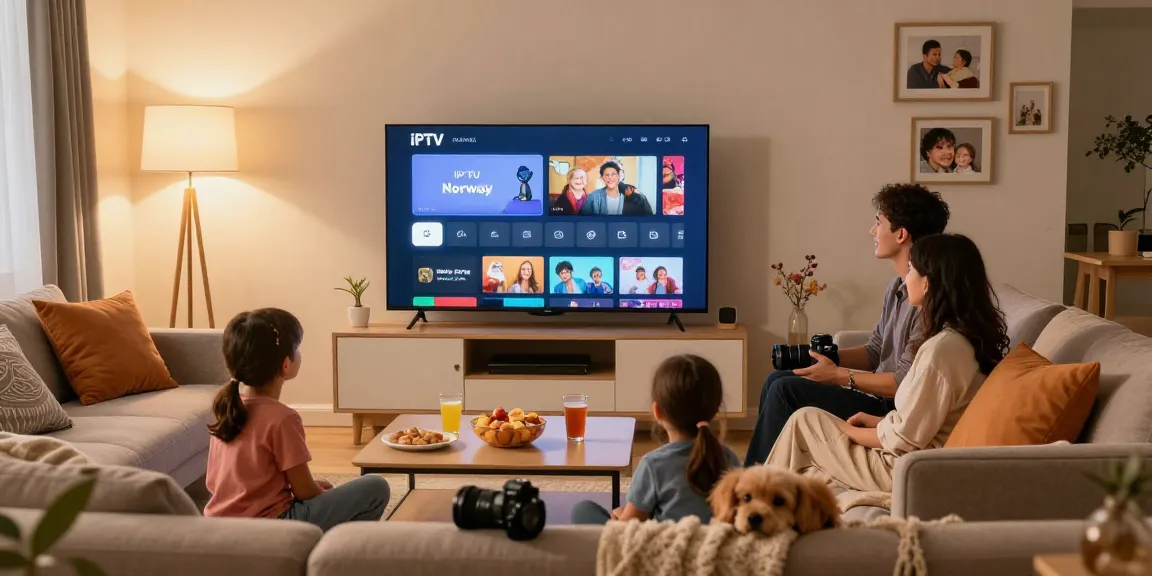 Family enjoying IPTV Norway streaming service in cozy living room