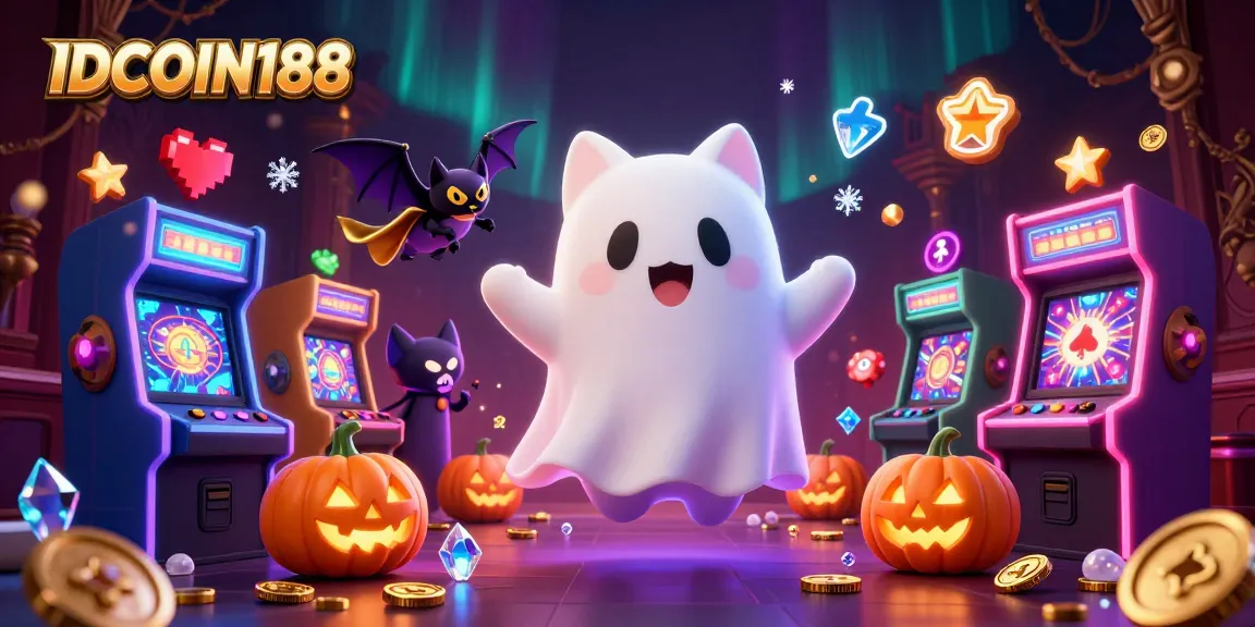 Experience IDCOIN188's thrilling atmosphere with a ghost cat and bat in a haunted casino.