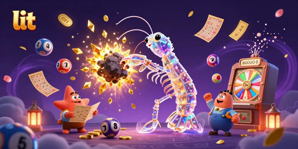 Engage with lit elements in a vibrant 3D casino scene showcasing dynamic lottery excitement and gem explosions.