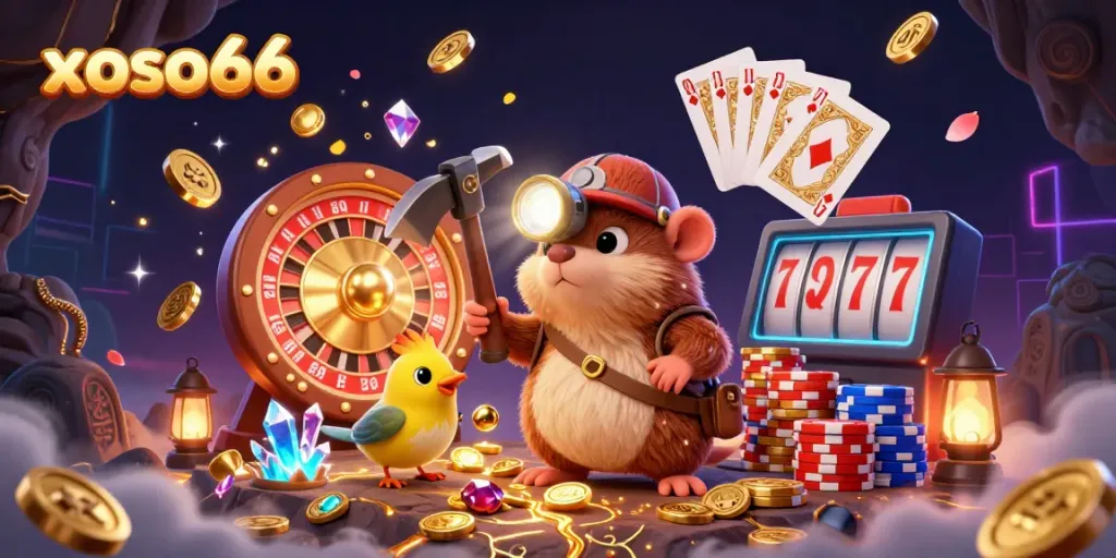 Experience gaming thrills with xoso66's vibrant 3D animation of a treasure hunter mole and canary enjoying the riches.