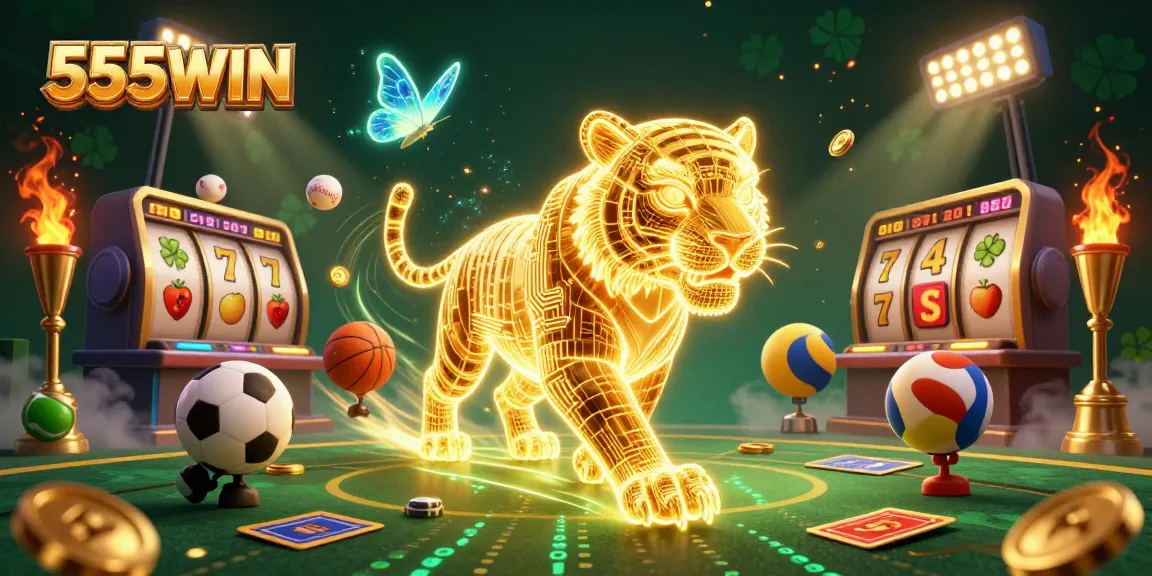 Experience the excitement of 555WIN as the golden tiger and gaming elements create a dynamic casino landscape.