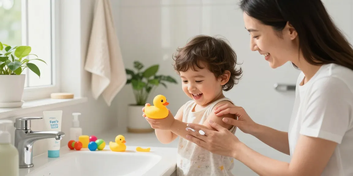 Mom helping child with barrier cream in a joyful skincare routine, enhancing the web สล็อตยอดนิยม experience.