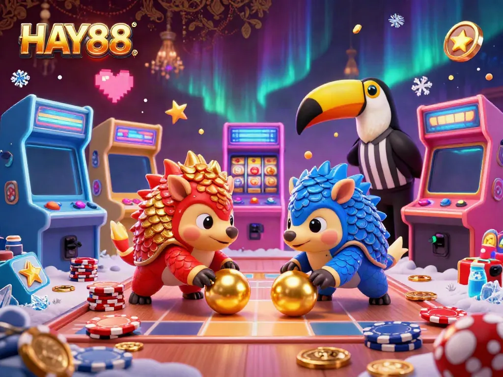 Experience HAY88's thrilling gaming world with rival pangolins competing amidst vibrant arcade machines and golden casino elements.