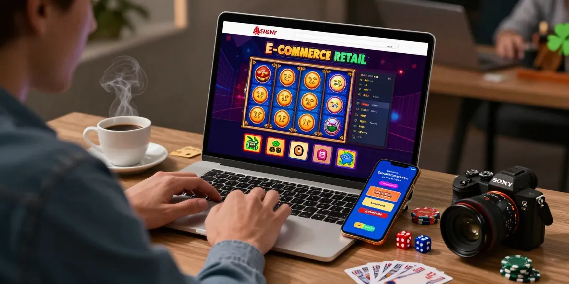 Daftar Modal138 dalam suasana kasino digital yang menarik dengan layar permainan slot dan aksesori perjudian.