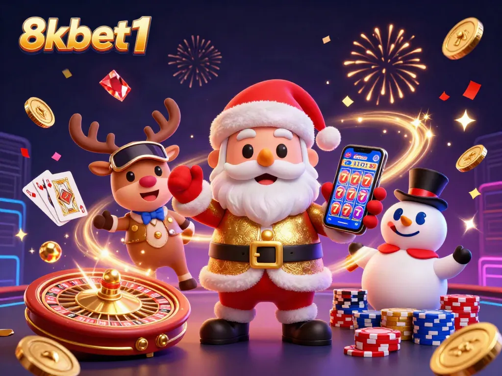Experience exciting gambling action with 8xbet1 through animated casino fun with Santa and friends.