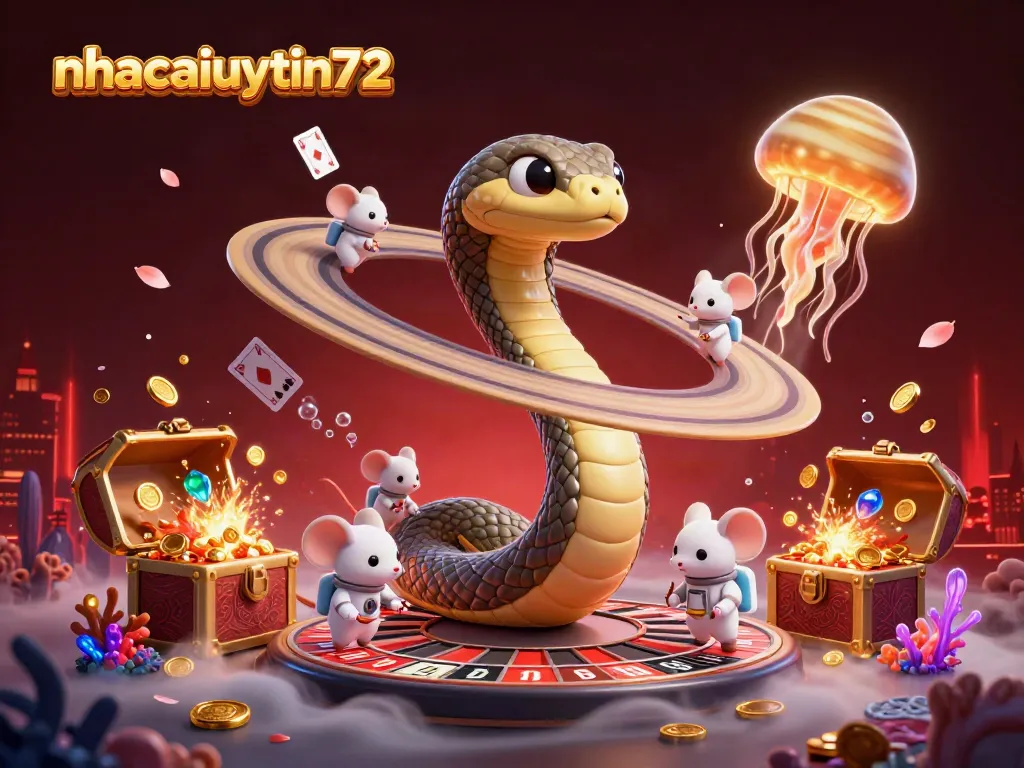Experience the cosmic betting thrill with nhacaiuytin72's snake roulette scene featuring vibrant casino elements.