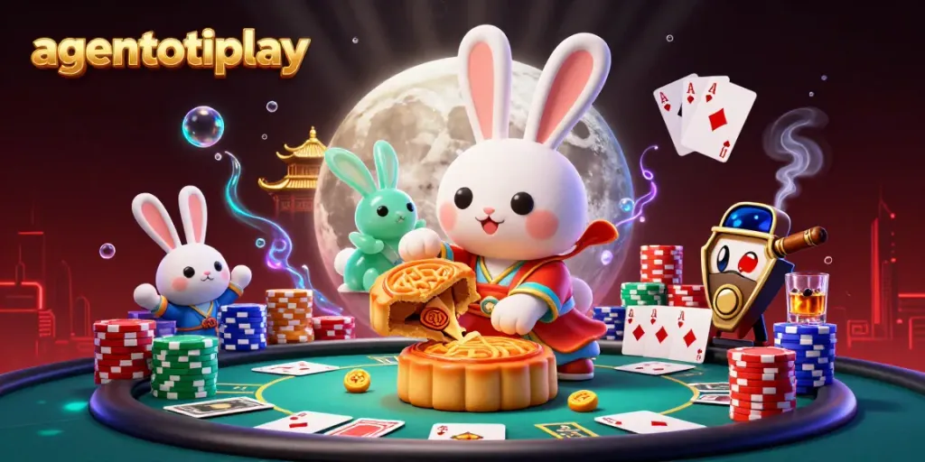 Join the excitement at agentotoplay with a vibrant illustration of a moon rabbit showcasing poker chips inside mooncakes.