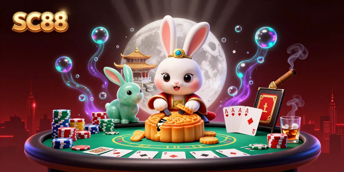 Experience thrilling gaming with SC88's vibrant casino scene featuring poker elements and a lively moon rabbit theme.