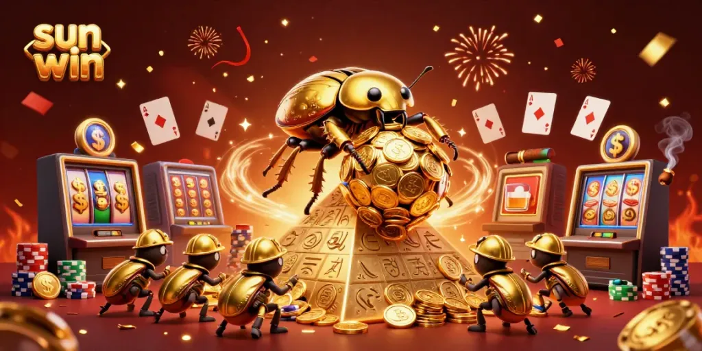 Experience the thrill of gaming at Sun Win with a vibrant illustration of a golden beetle and casino elements.