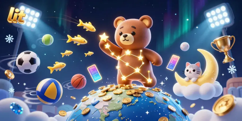 Join the fun in a lit gaming scene filled with stars, vibrant coins, and sports excitement.