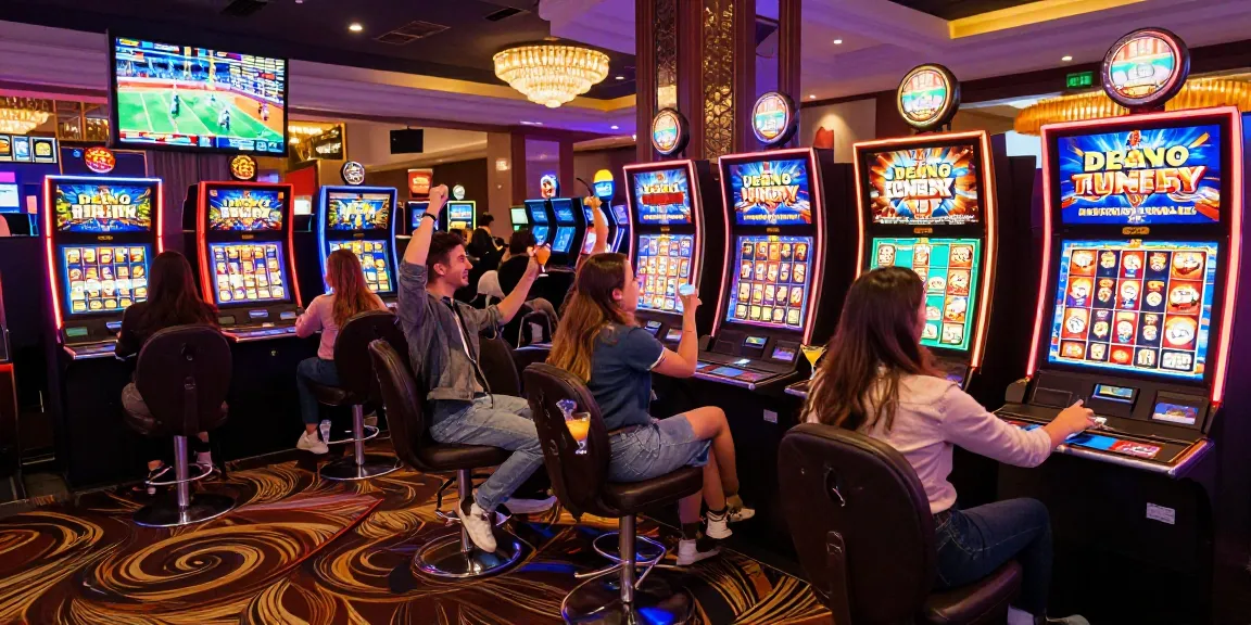 Exciting scene of friends playing slot raffi ahmad themed machines in a vibrant casino