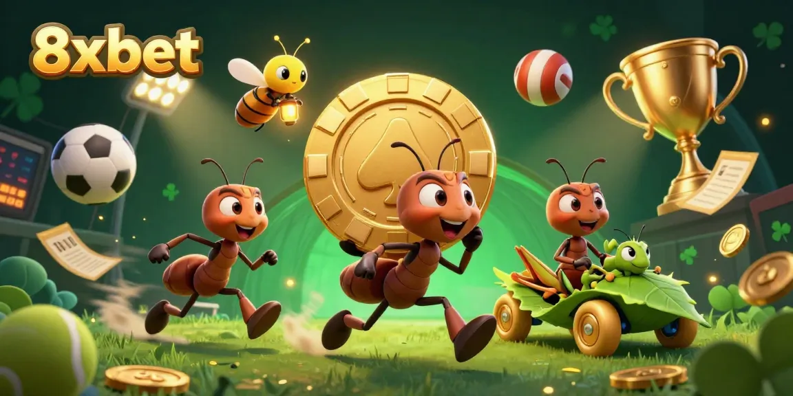 8xbet gaming scene of ants on a heist, delivering massive poker chip surrounded by sports action.