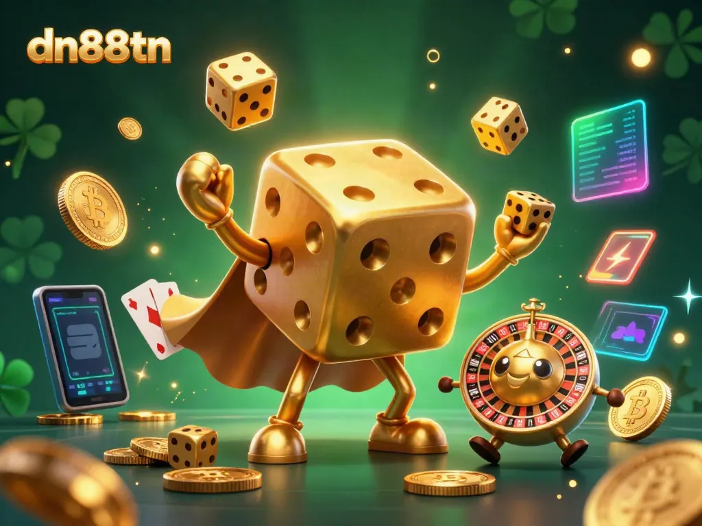 Engage with dn88tn's playful casino scene featuring a golden dice golem juggling winnings in a vibrant 3D world.