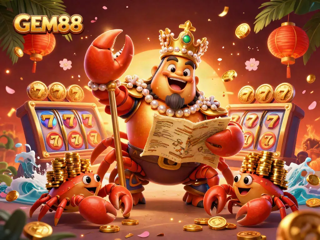 Engage with GEM88's golden crab emperor amidst dynamic slot reels, embodying the excitement of online gambling.