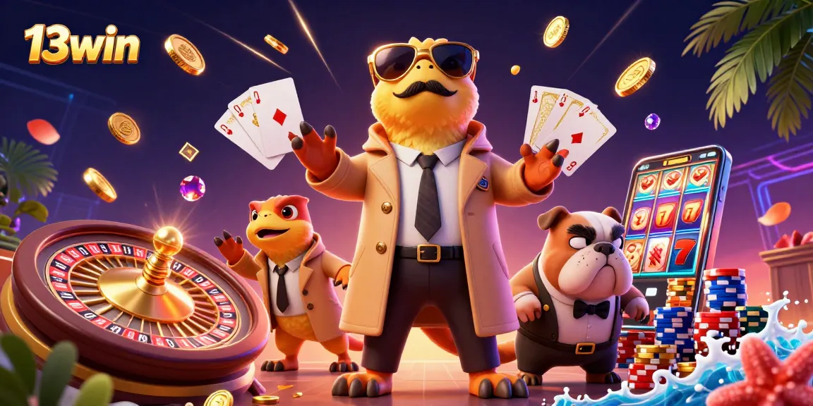 13win highlights raptors in a trench coat attempting VIP entry into a vibrant casino scene, surrounded by sparkling casino elements.