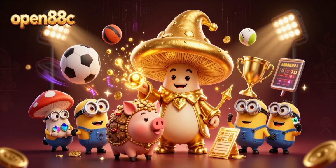 Experience the magic of open88c with a vibrant casino-themed 3D illustration featuring unique characters and dynamic sports elements.