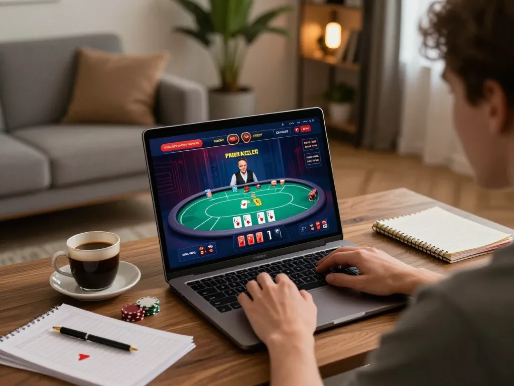 Player engaging with net88 online poker game at home with cozy ambiance