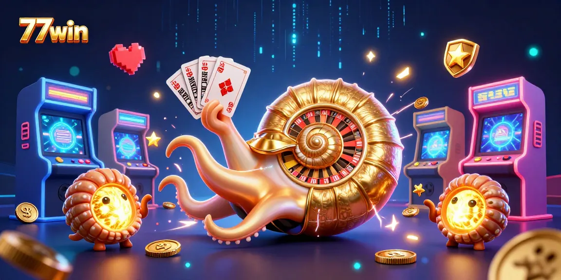 Engage with 77win's vibrant casino gaming world featuring an ancient nautilus roulette wheel and colorful arcade elements.