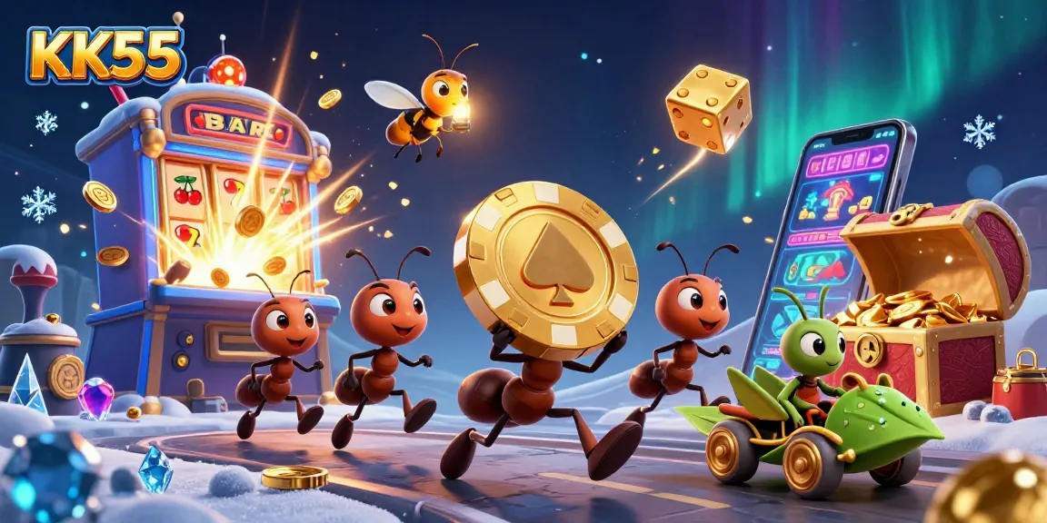 KK55 ants stealing a giant poker chip in a vibrant 3D casino heist scene.