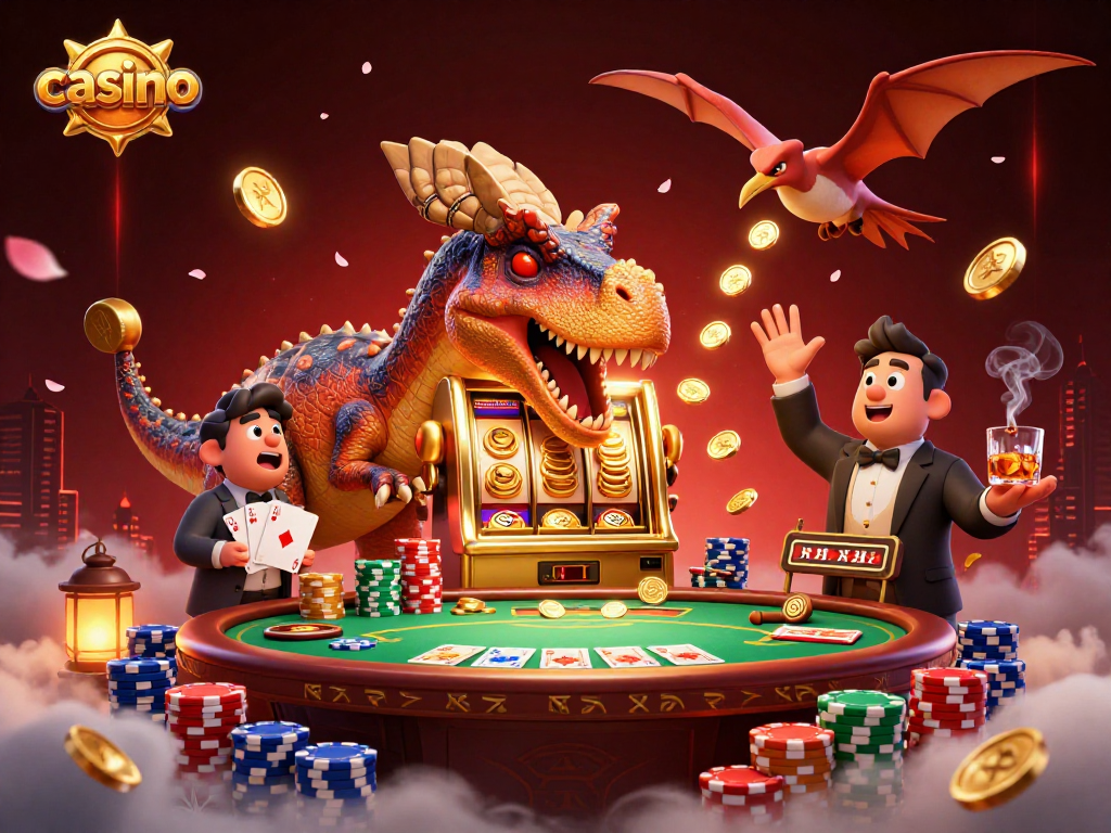 Casino chaos with a dinosaur headbutting a slot machine for jackpot coins amidst swirling poker action.