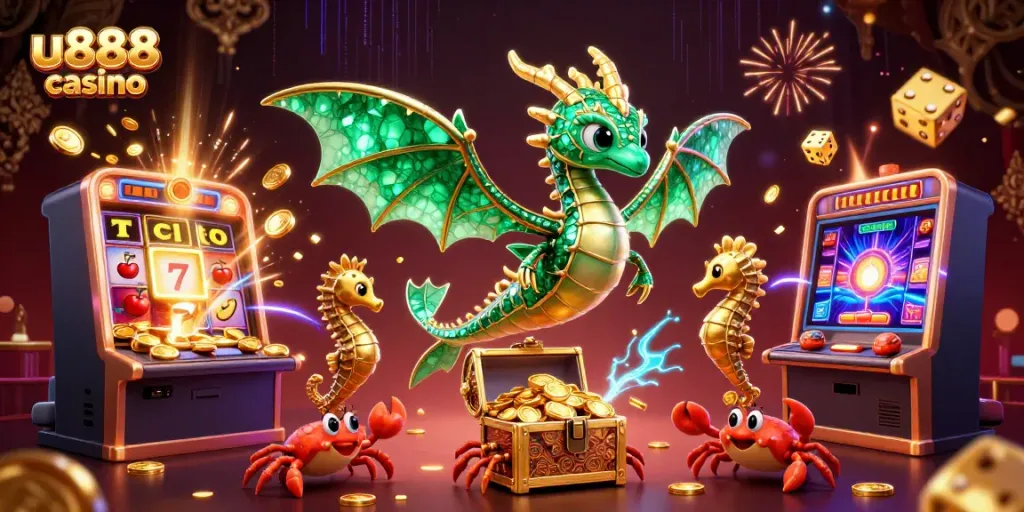 Experience thrilling gameplay at u888 casino with a vibrant 3D scene of dragons, treasures, and games.