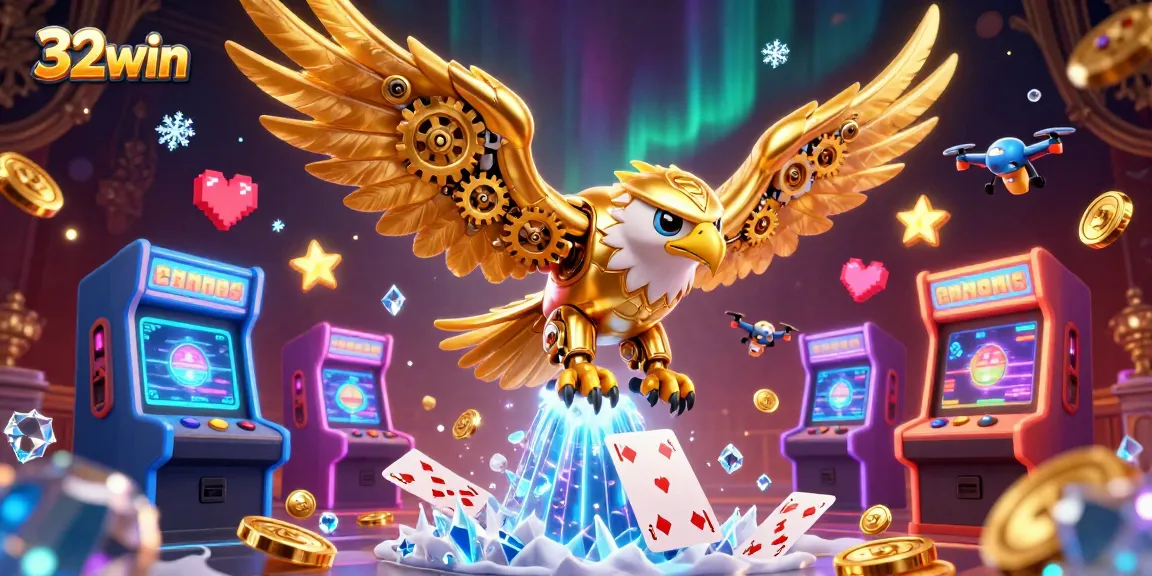 Experience the thrill of 32win with a vibrant 3D casino scene featuring unique characters and epic game elements.